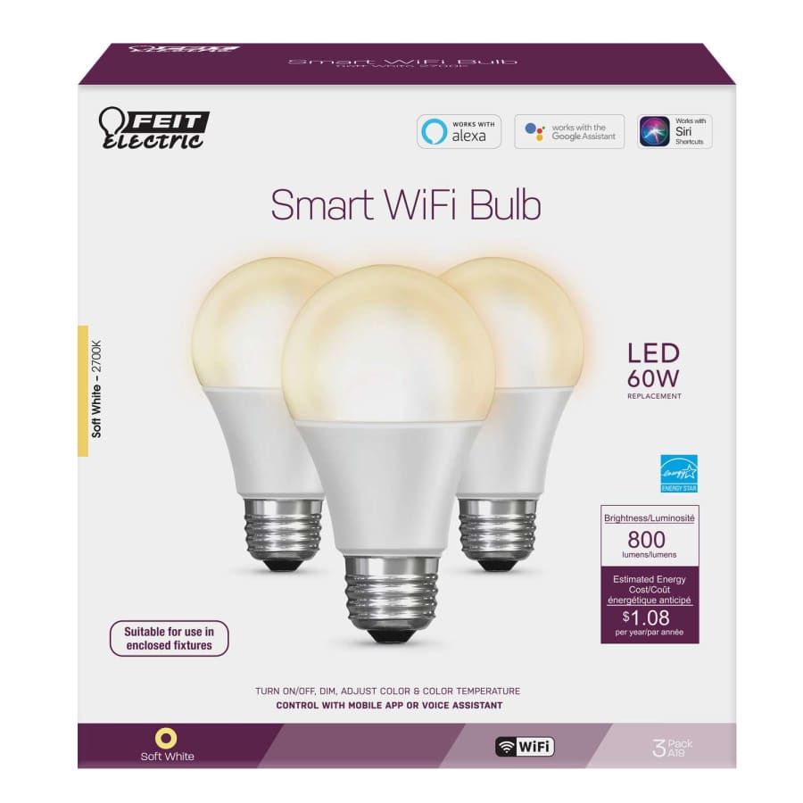 Feit Electric A19 E26 (Medium) LED Smart WiFi Bulb Soft White 60 Watt Equivalence 3-Pack for $20