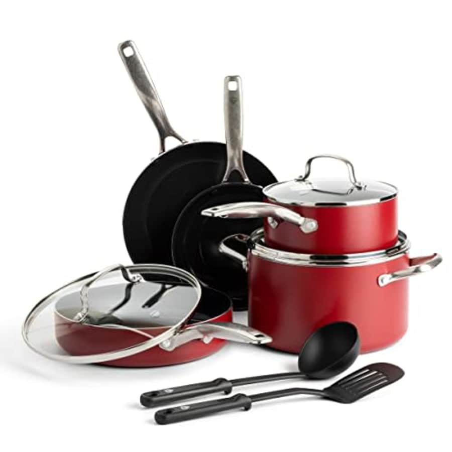 Blue Diamond Cookware Ceramic Nonstick Cookware Pots and Pans Set, 10 Piece, Red for $101