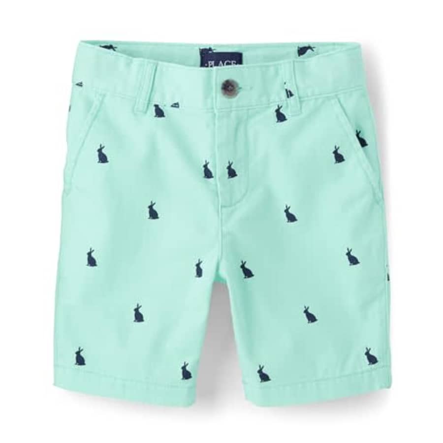 The Children's Place Boys' Cotton Chino Shorts, Aqua Bunny Print, 5 for $13