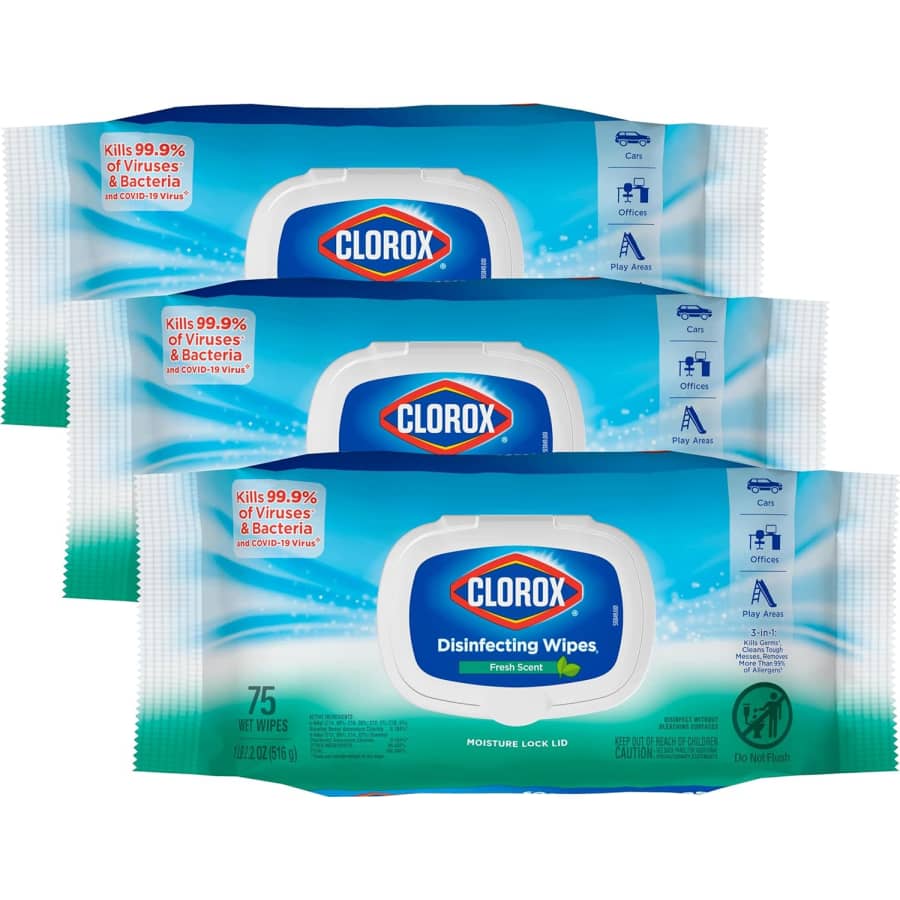 Clorox Disinfecting Wipes 75-Count 3-Pack for $12 via Sub & Save Clorox Disinfecting Wipes 75-Count 3-Pack for $12 via Sub & Save