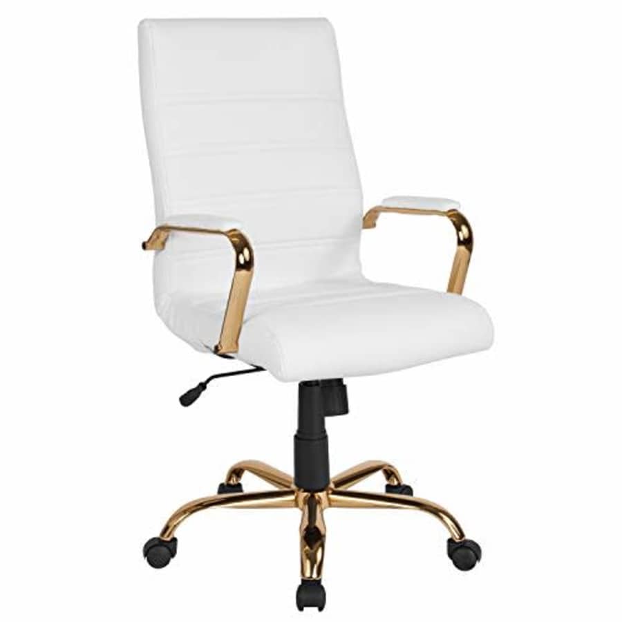 Flash Furniture High Back White LeatherSoft Executive Swivel Office Chair with Gold Frame and Arms for $222 Flash Furniture High Back White LeatherSoft Executive Swivel Office Chair with Gold Frame and Arms for $222