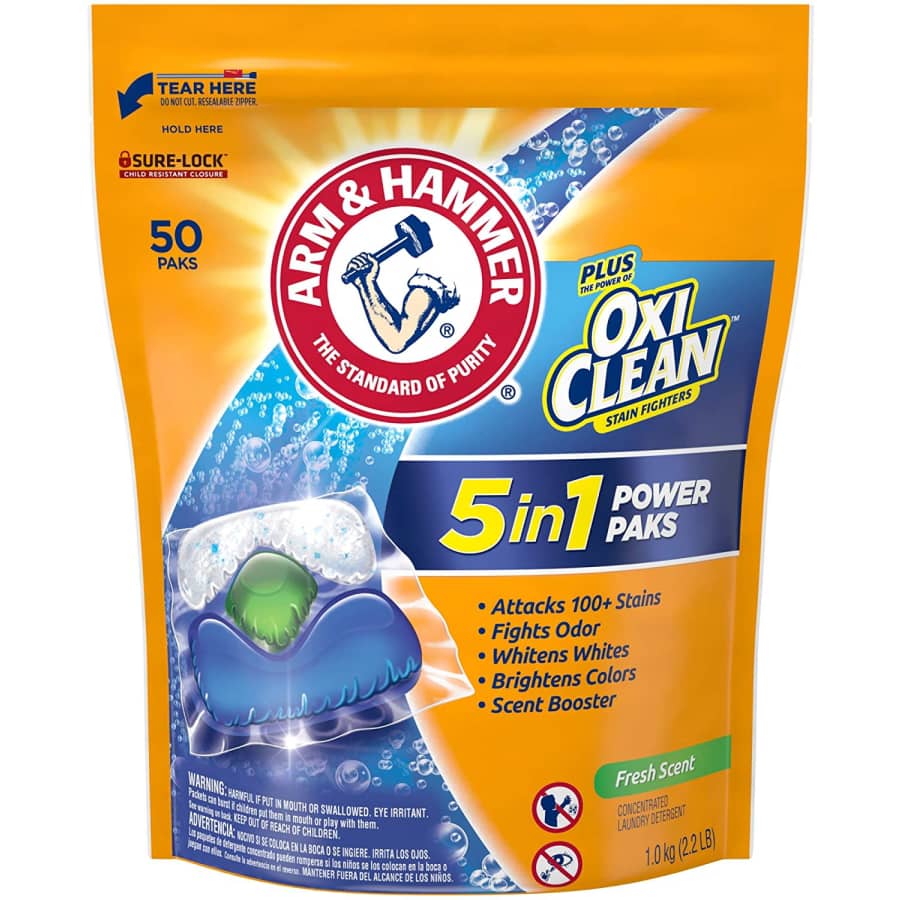 Arm & Hammer Plus OxiClean HE 5-in-1 Laundry Detergent 50-Count Power Paks for $7