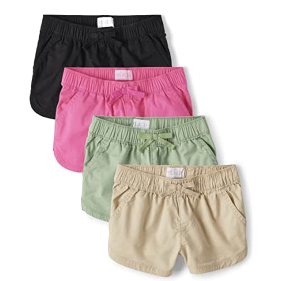 The Children's Place Girls' Twill Pull on Shorts, Black/Pink/Green/Khaki 4-Pack, 12 for $33