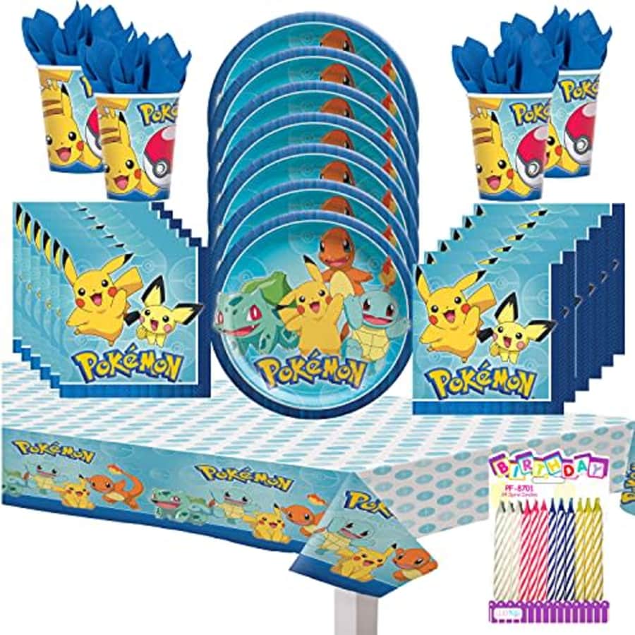 Pokemon Pokmon Party Supplies Pack Serves 16: Dinner Plates Napkins Cups and Table Cover with Birthday for $27