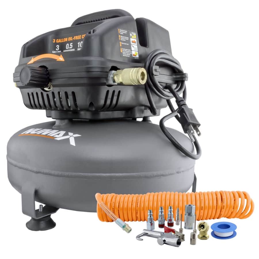 NuMax 3 Gallon Oil-Free Air Compressor w/ Air Hose & 11 piece Inflation Kit for $90