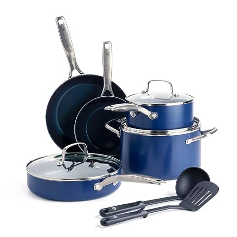 Blue Diamond Cookware Diamond Infused Ceramic Nonstick, 10 Piece Cookware Pots and Pans Set, for $91 Blue Diamond Cookware Diamond Infused Ceramic Nonstick, 10 Piece Cookware Pots and Pans Set, for $91