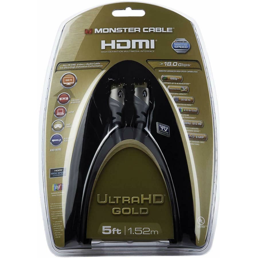 Monster Cable 5-Foot UHD Gold HDMI Ethernet Cable for $13 Monster Cable 5-Foot UHD Gold HDMI Ethernet Cable for $13