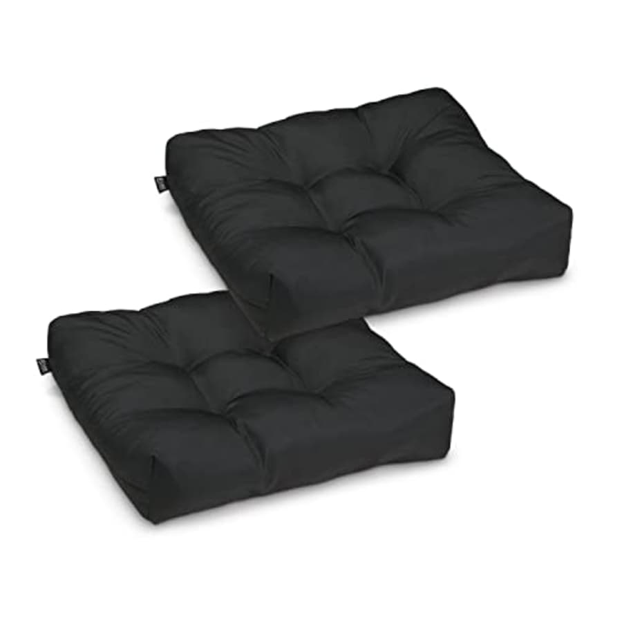 Classic Accessories Water-Resistant Outdoor Chair Cushions, 19 x 19 x 5 Inch, 2 Pack, Black, for $56 Classic Accessories Water-Resistant Outdoor Chair Cushions, 19 x 19 x 5 Inch, 2 Pack, Black, for $56