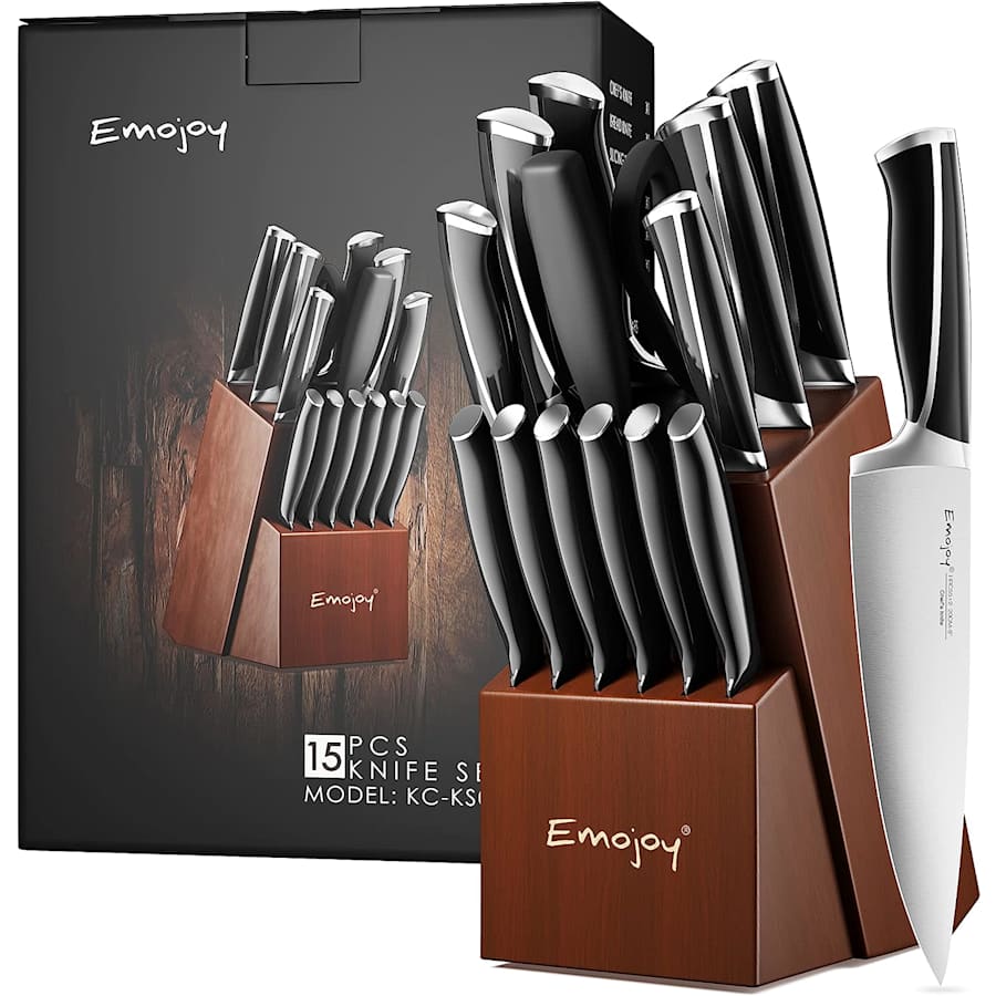 Emojoy 15-Piece Stainless Steel Kitchen Knife Set and Block for $39