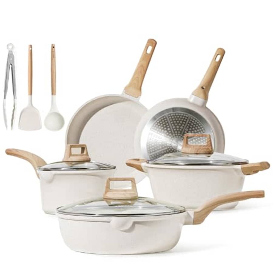 CAROTE Pots and Pans Set Nonstick, White Granite Induction Kitchen Cookware Sets, 11 Pcs Non Stick for $80 CAROTE Pots and Pans Set Nonstick, White Granite Induction Kitchen Cookware Sets, 11 Pcs Non Stick for $80