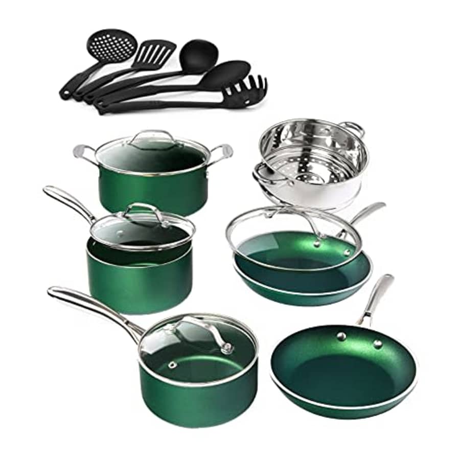 GraniteStone Granite Stone Green Cookware Set Nonstick Pots and Pans Set 10pc Cookware Sets |+ 5 Piece Utensil for $142