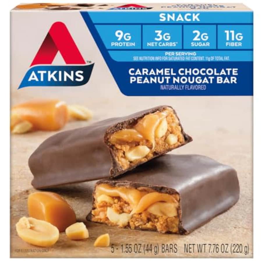 Atkins Caramel Chocolate Peanut Nougat Snack Bar, Protein Snack, High in Fiber, 2g Sugar, Keto for $13 Atkins Caramel Chocolate Peanut Nougat Snack Bar, Protein Snack, High in Fiber, 2g Sugar, Keto for $13