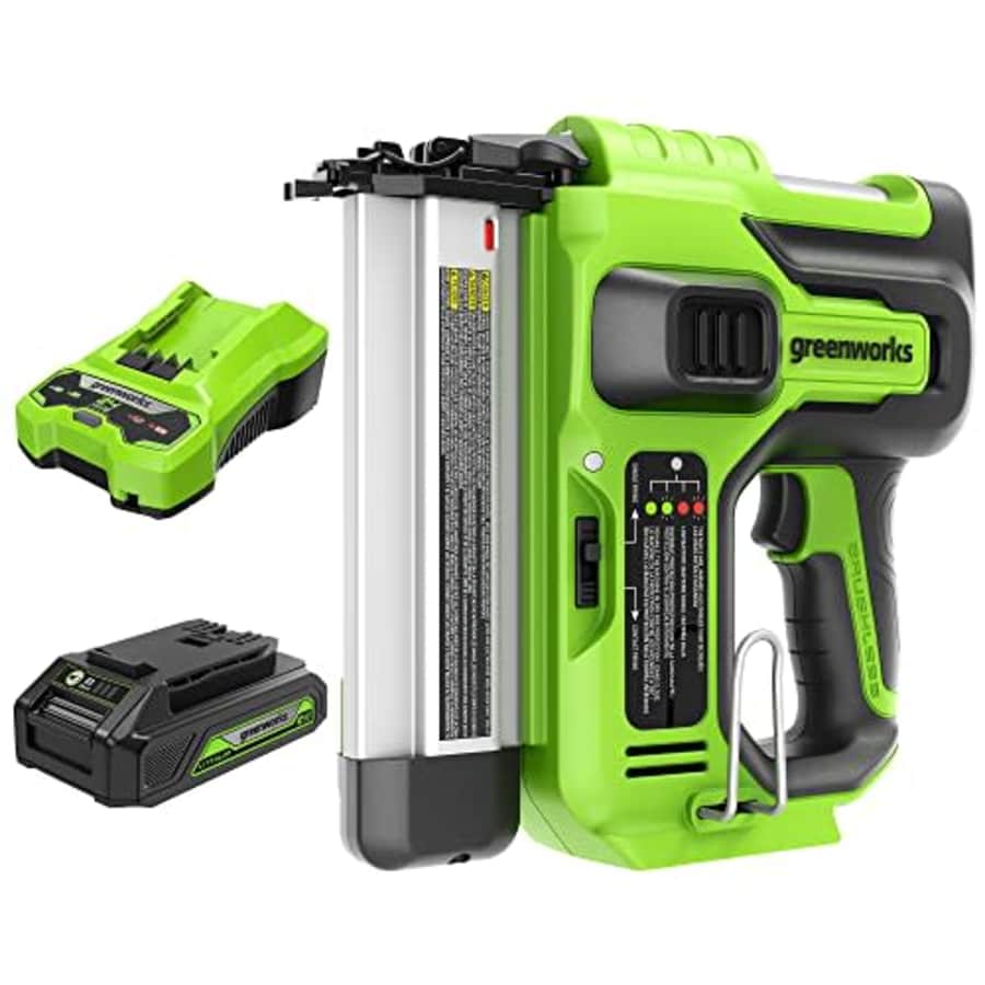 Greenworks 24V 18GA Brushless Brad Nailer Kit, Cordless Staple Gun with 2Ah USB Battery and 2A for $160 Greenworks 24V 18GA Brushless Brad Nailer Kit, Cordless Staple Gun with 2Ah USB Battery and 2A for $160