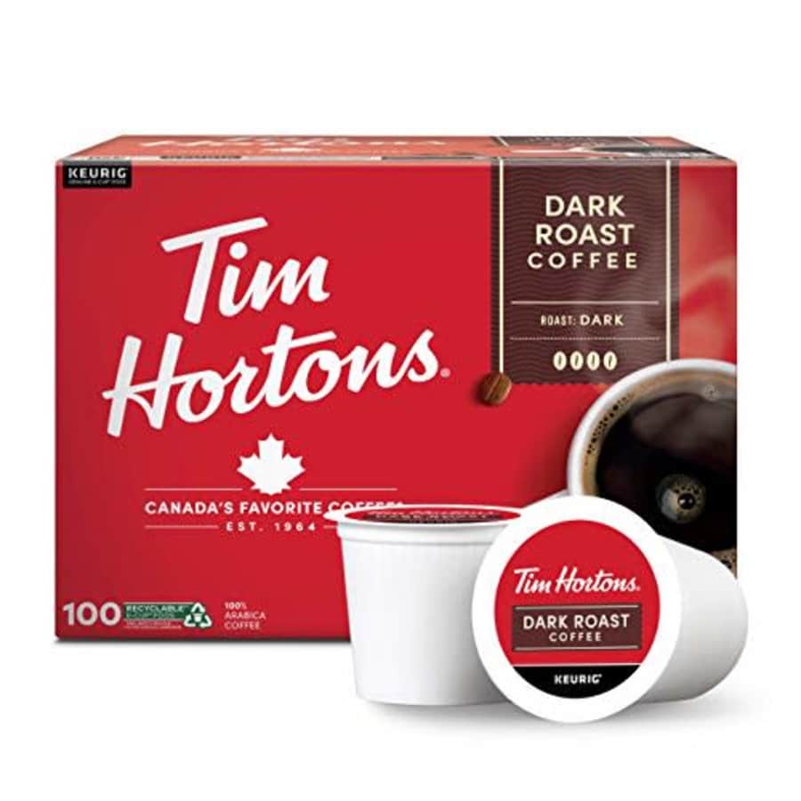 Tim Hortons Dark Roast Coffee, Single-Serve K-Cup Pods Compatible with Keurig Brewers, 100ct K-Cups for $38 Tim Hortons Dark Roast Coffee, Single-Serve K-Cup Pods Compatible with Keurig Brewers, 100ct K-Cups for $38
