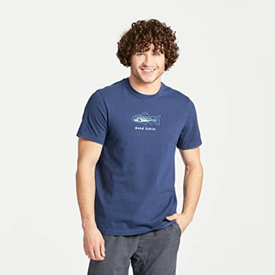 Life is Good Men's Good Catch Fish Cotton Tee, Short Sleeve Crewneck Graphic T-Shirt, Darkest Blue, for $20