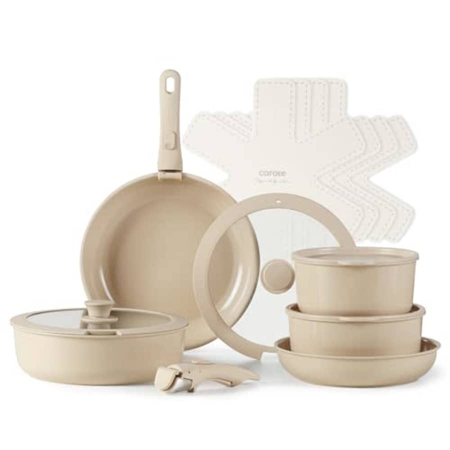 CAROTE 15pcs Pots and Pans Set, Ceramic Cookware Set Detachable Handle, Induction Nonstick Kitchen for $60 CAROTE 15pcs Pots and Pans Set, Ceramic Cookware Set Detachable Handle, Induction Nonstick Kitchen for $60