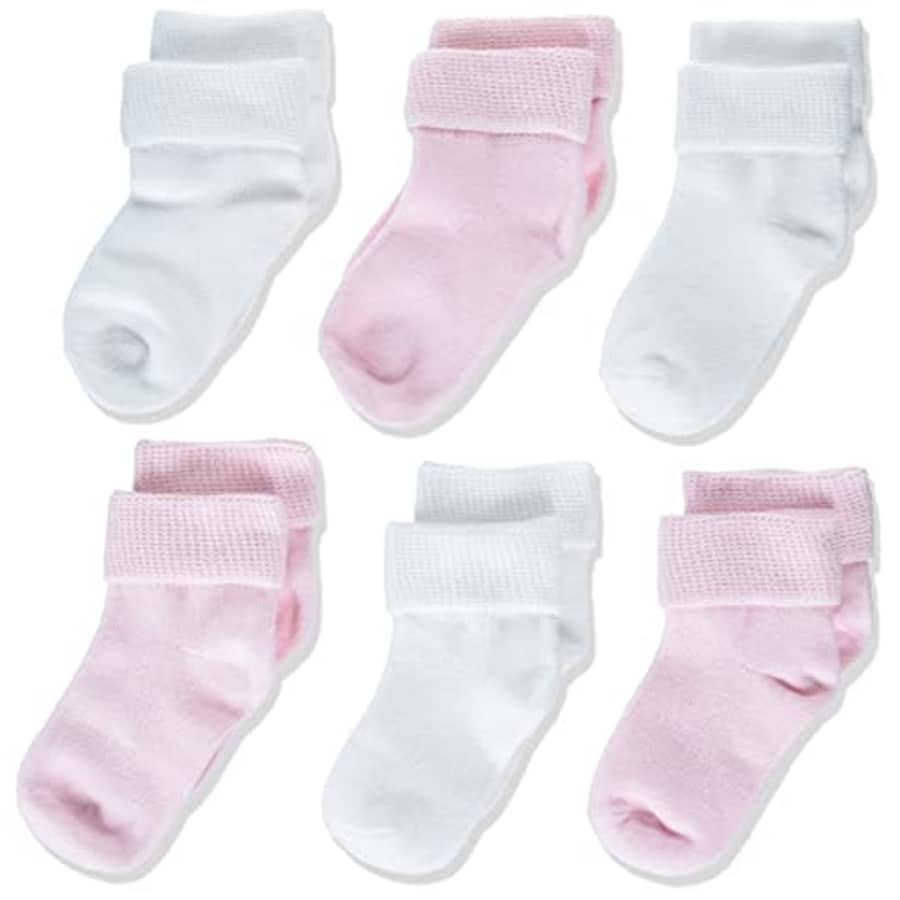 Amazon Essentials Unisex Babies' Cotton Turn Cuff Socks Sockshosiery, Pack of 6, Pink/White, Solid, for $12 Amazon Essentials Unisex Babies' Cotton Turn Cuff Socks Sockshosiery, Pack of 6, Pink/White, Solid, for $12
