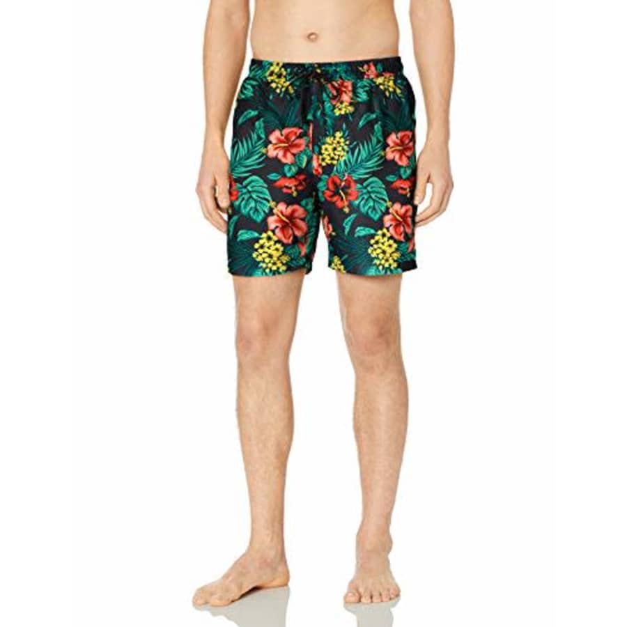 28 Palms Men's 6" Inseam Tropical Hawaiian Print Swim Trunk, Charcoal/Red Hibiscus Floral, XX-Large for $41