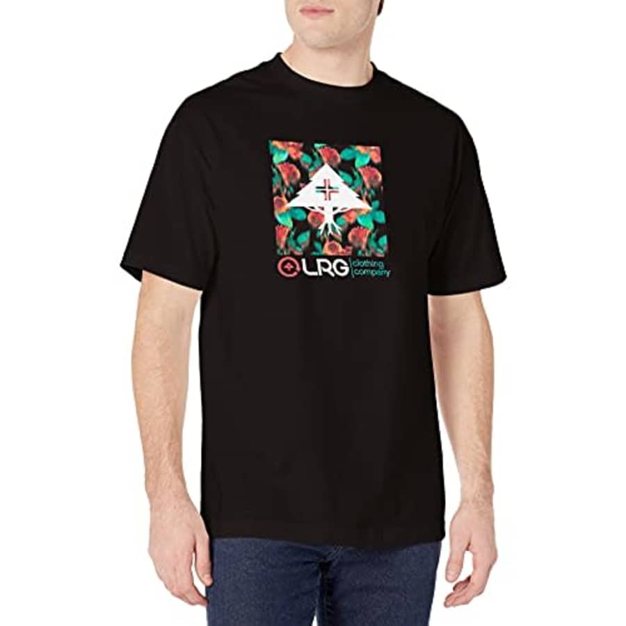 LRG Men's Short Sleeve Logo Design T-Shirt, Black/Flowers, S for $21