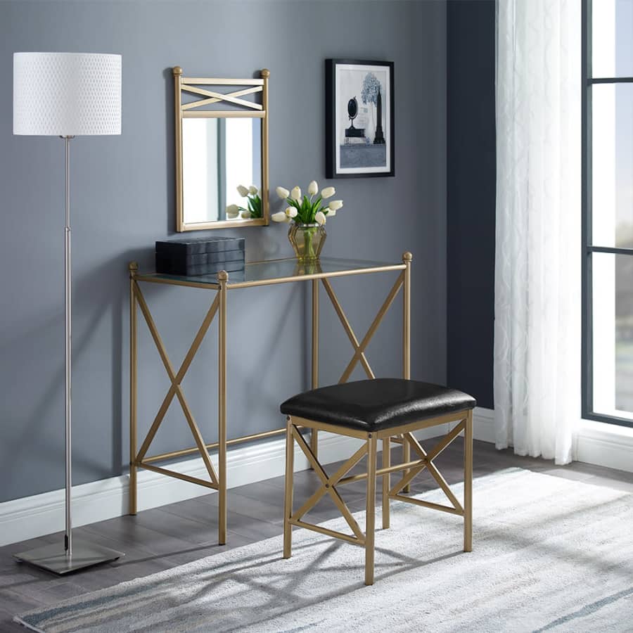 Mainstays Gold Metal Vanity with Wall Mirror and Upholstered Stool for $52 Mainstays Gold Metal Vanity with Wall Mirror and Upholstered Stool for $52