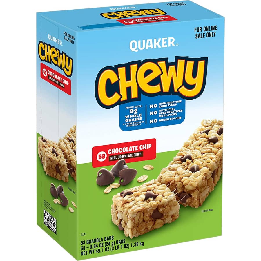 Quaker Oats Chewy Chocolate Chip Granola Bars 58-Pack for $10 Quaker Oats Chewy Chocolate Chip Granola Bars 58-Pack for $10