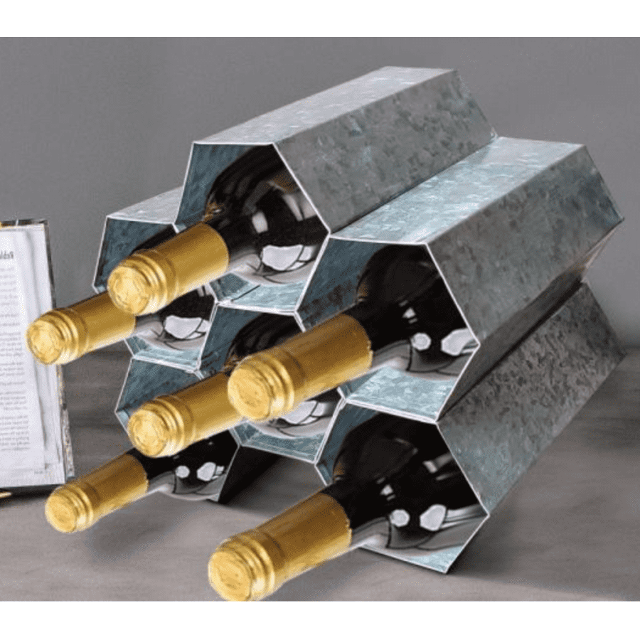 Benjara Honeycomb Galvanized Metal 6-Bottle Tabletop Wine Rack for $29 Benjara Honeycomb Galvanized Metal 6-Bottle Tabletop Wine Rack for $29