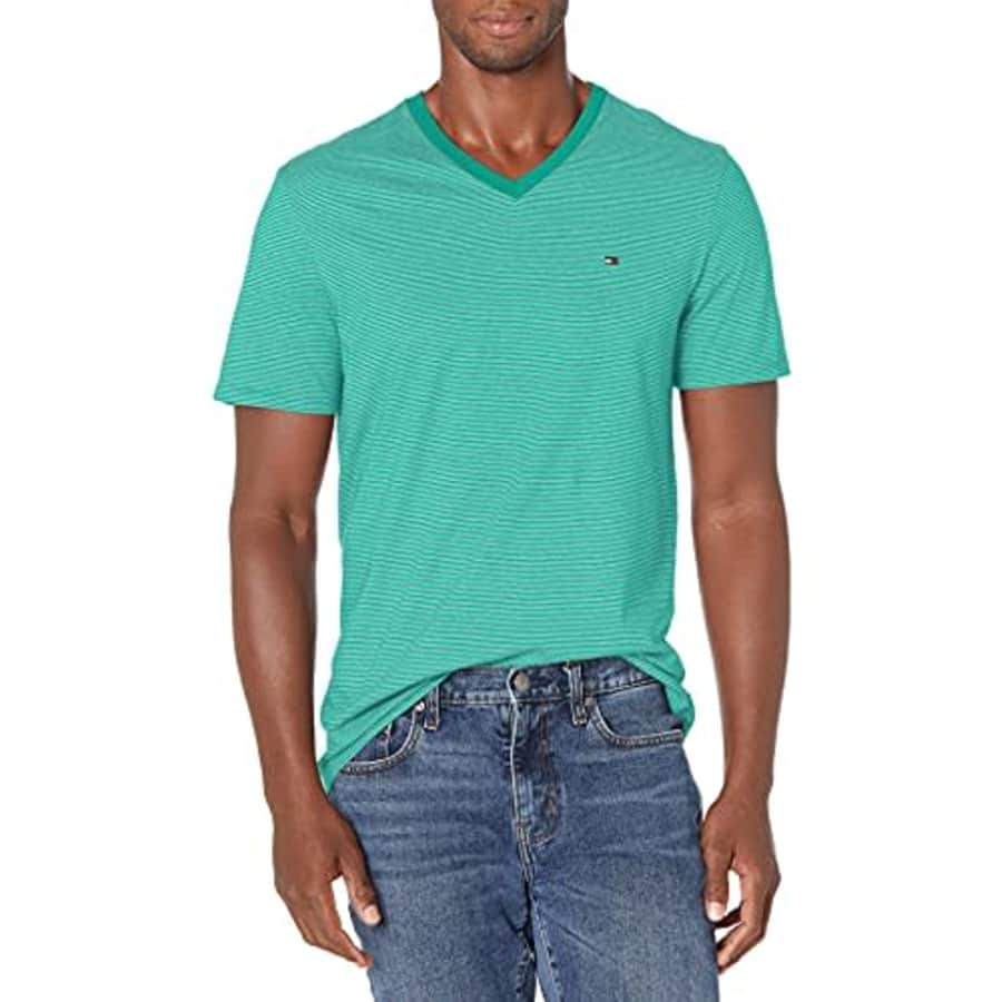 Tommy Hilfiger Men's Short Sleeve Striped V-Neck Cotton T-Shirt, Light Peacock, Large for $17 Tommy Hilfiger Men's Short Sleeve Striped V-Neck Cotton T-Shirt, Light Peacock, Large for $17