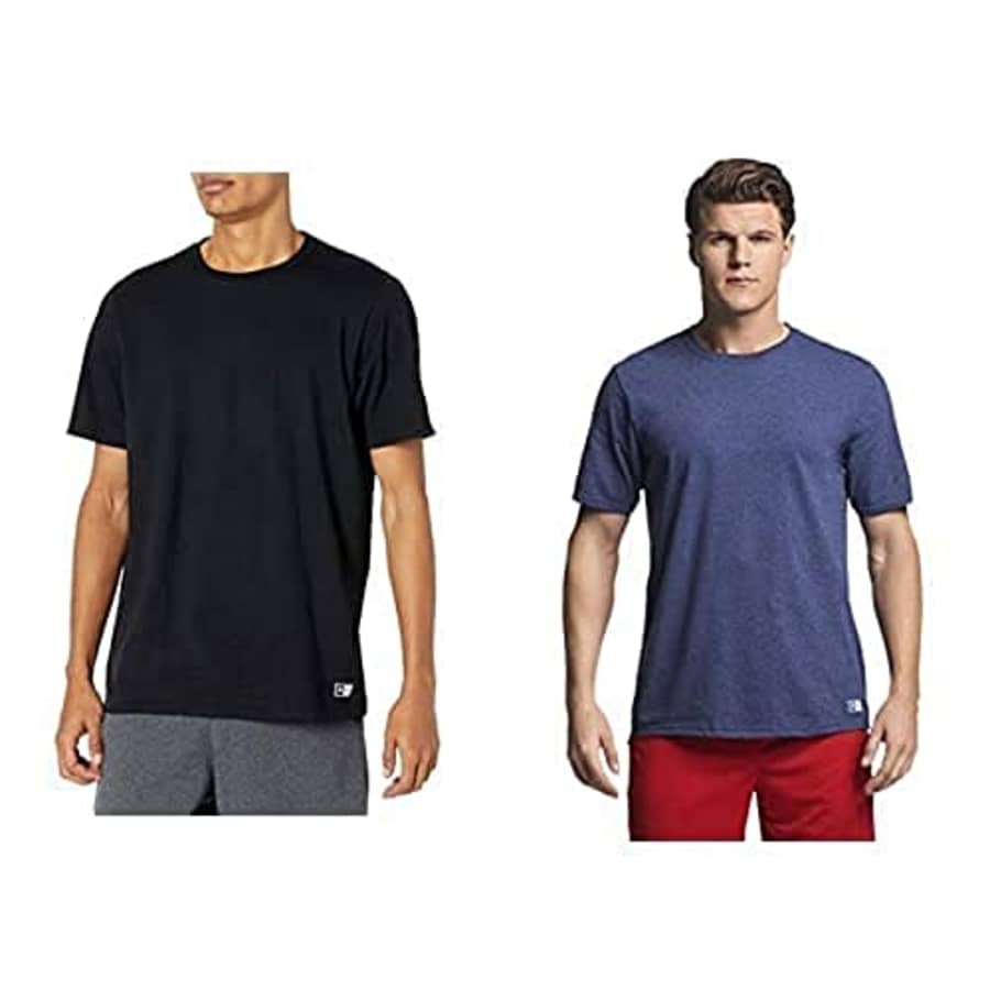 Russell Athletic Men's Cotton Performance Short Sleeve T-Shirt, 2 Pack: Black/Vintage Heather Navy, for $26 Russell Athletic Men's Cotton Performance Short Sleeve T-Shirt, 2 Pack: Black/Vintage Heather Navy, for $26