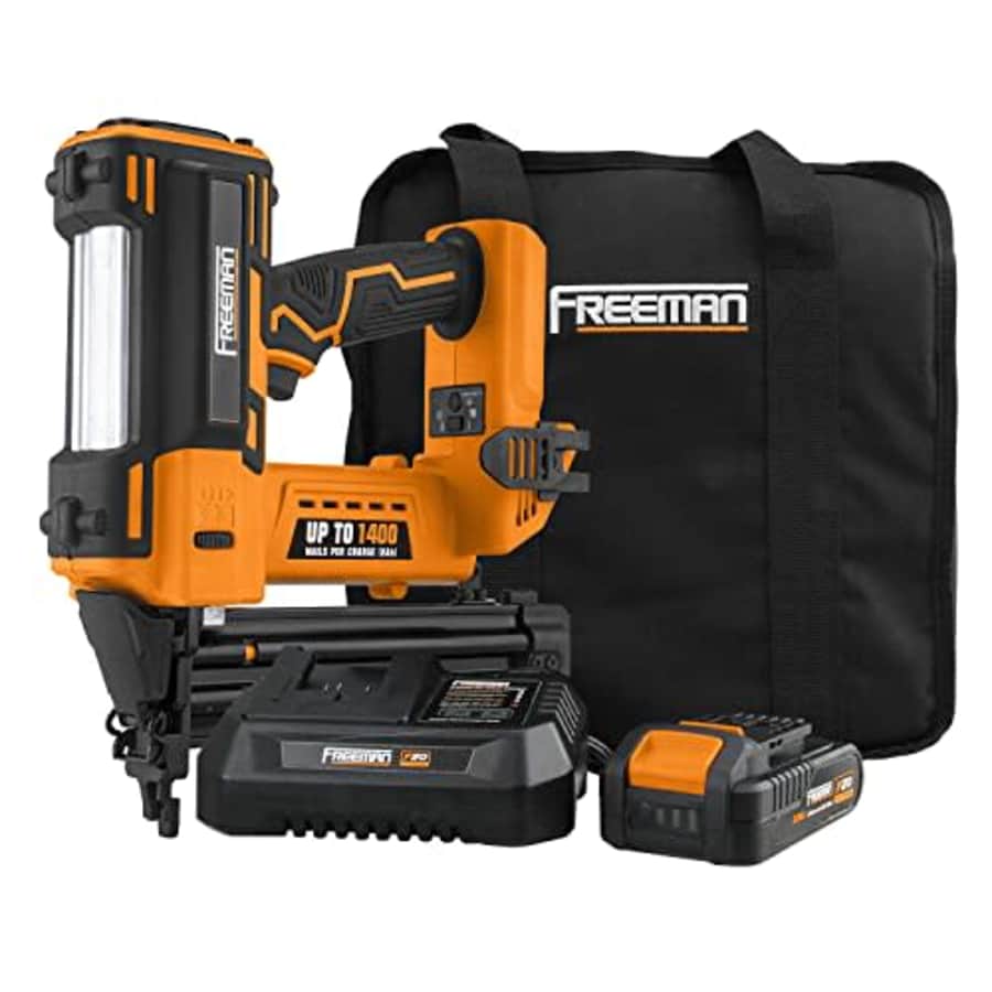 Freeman PE20VBR50 20 Volt Cordless 18-Gauge 2" Brad Nailer Kit with Lithium Ion Battery, Charger, for $159 Freeman PE20VBR50 20 Volt Cordless 18-Gauge 2" Brad Nailer Kit with Lithium Ion Battery, Charger, for $159