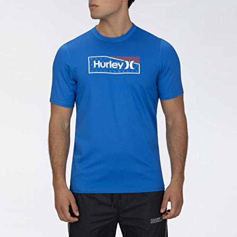 Hurley Men's One & Only Stars and Stripes Short Sleeve Sun Protection Rashguard Shirt, Soar, S for $22