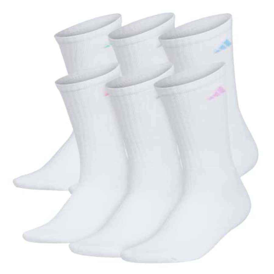 adidas Women's Athletic Cushioned Crew Socks (6-Pair) with Arch Compression, White/Clear Sky for $17 adidas Women's Athletic Cushioned Crew Socks (6-Pair) with Arch Compression, White/Clear Sky for $17