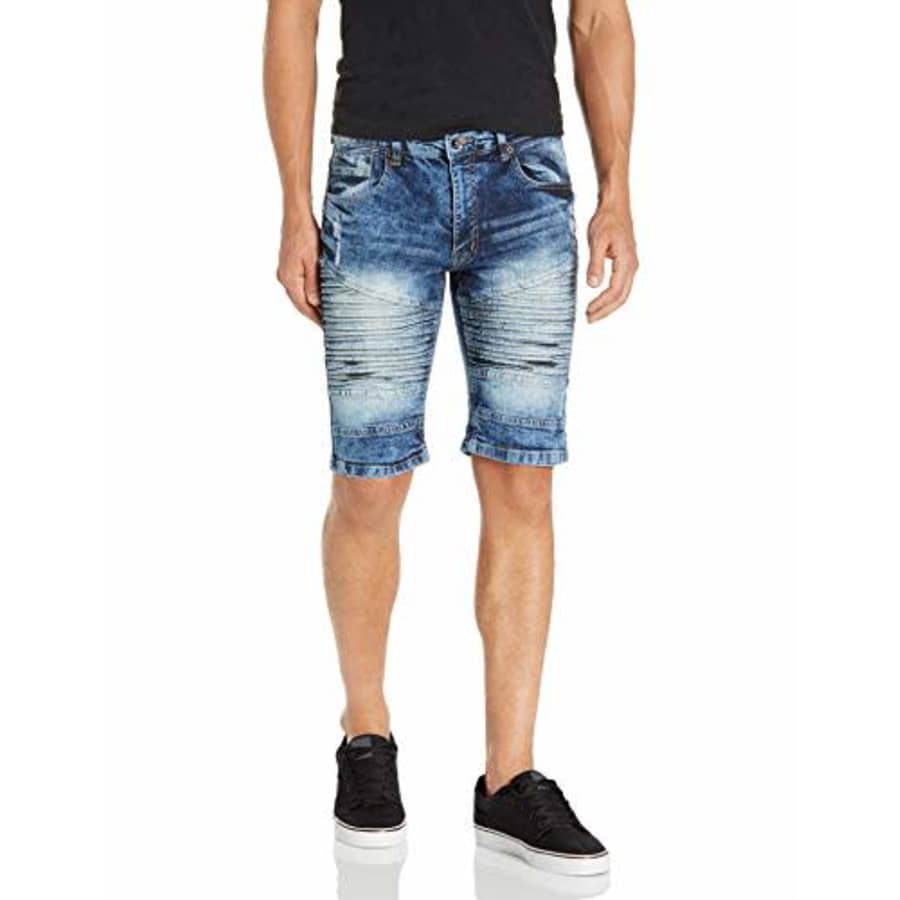 Southpole Men's Denim Shorts with Destructed Ripped and Repaired, Medium Sand Blue/Stretch Mojito, for $23 Southpole Men's Denim Shorts with Destructed Ripped and Repaired, Medium Sand Blue/Stretch Mojito, for $23