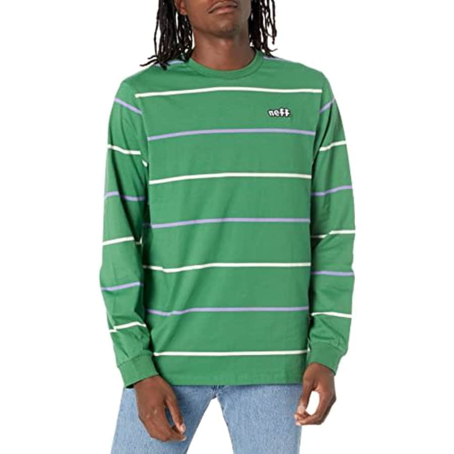 NEFF Men's Long Sleeve Striped Knit Shirt, Green, Medium for $16