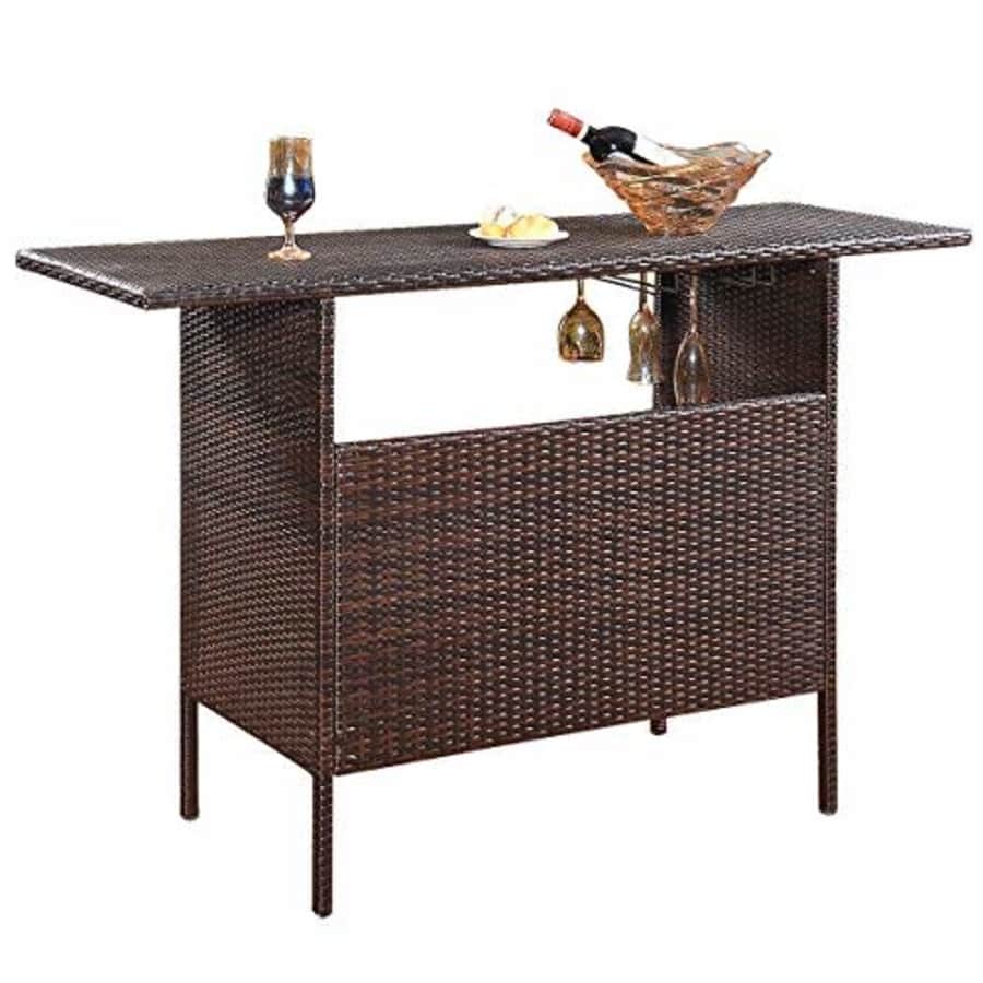 Giantex Outdoor Patio Rattan Wicker Bar Counter Table with 2 Steel Shelves, 2 Sets of Rails Garden for $140