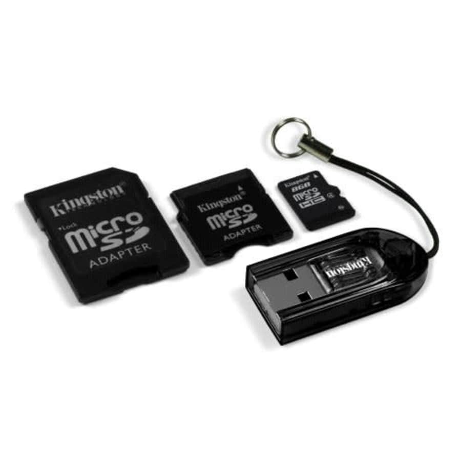 Kingston Mobility Kit - 8 GB microSDHC Flash Memory Card with SD and miniSD Adapters + USB 2.0 for $15