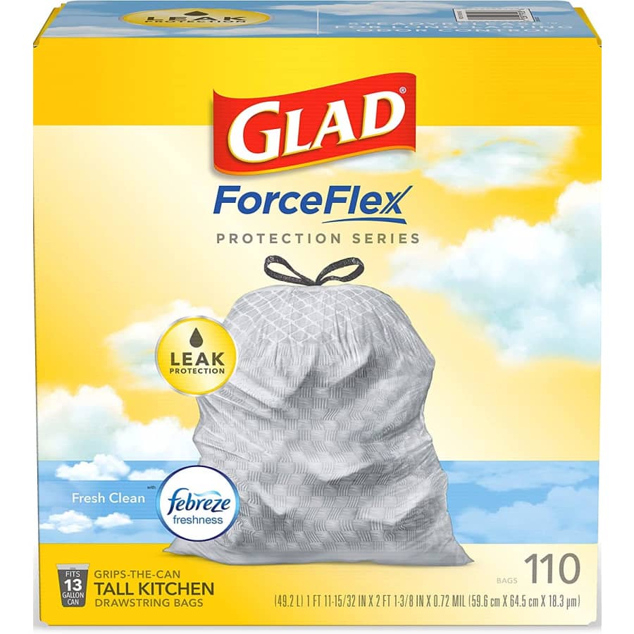 Glad ForceFlex 13-Gallon 110-Count Drawstring Trash Bags for $22