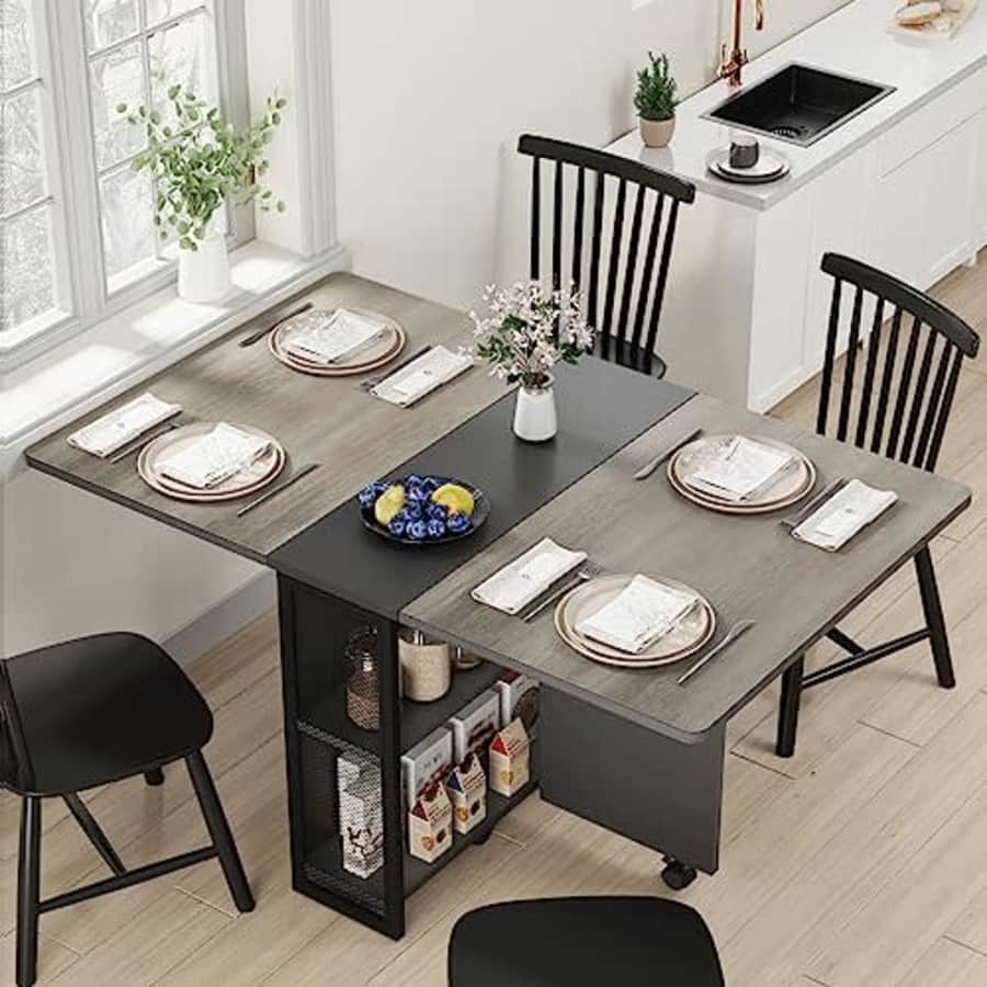 Idealhouse Space Saving Folding Dining Table with 2 Tier Storage-Extendable Drop Leaf Farmhouse Wood Kitchen for $100