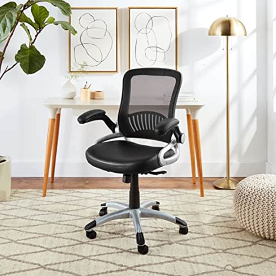 Office Star Breathable Screen Back and Bonded Leather Seat Managers Chair with Flip Arms and Silver for $131