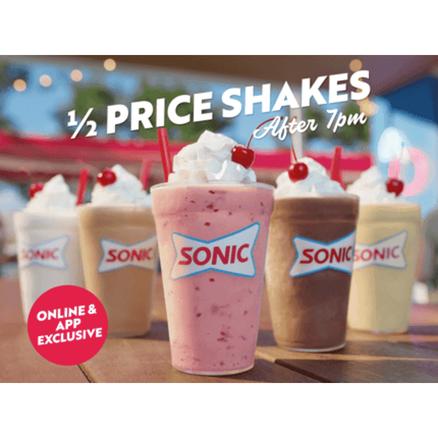 Sonic Shakes at Sonic America's Drive-In: Half Price after 7pm in May Sonic Shakes at Sonic America's Drive-In: Half Price after 7pm in May