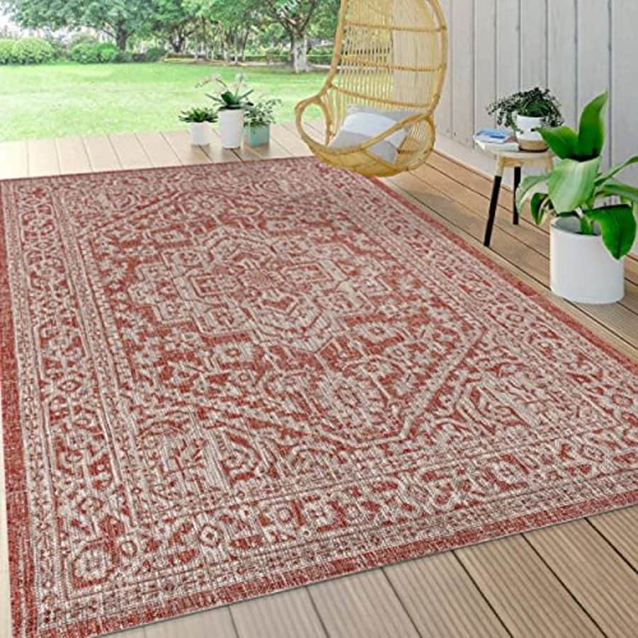 JONATHAN Y Sinjuri Medallion Textured Weave Indoor/Outdoor Red/Taupe 4 ft. x 6 ft. Area Rug, for $54