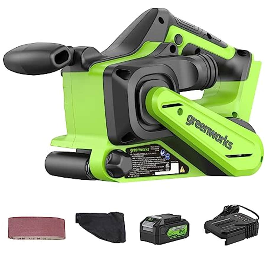 Greenworks 24V Brushless Cordless 3in. x 18in. Belt Sander Kit with Dust Bag and 60 Grit Sandpaper, for $112 Greenworks 24V Brushless Cordless 3in. x 18in. Belt Sander Kit with Dust Bag and 60 Grit Sandpaper, for $112