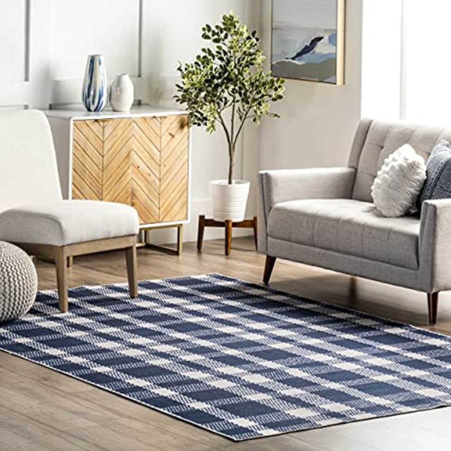 nuLOOM Rianne Machine Washable Plaid Farmhouse Ultra Thin Area Rug, 8' x 10', Blue for $170