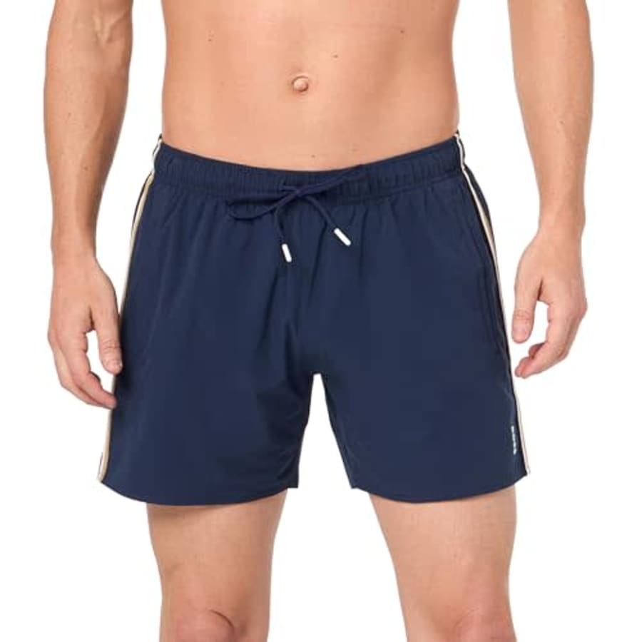 BOSS Men's Standard Solid Swim Trunk with Iconic Side Stripe, captain navy for $35
