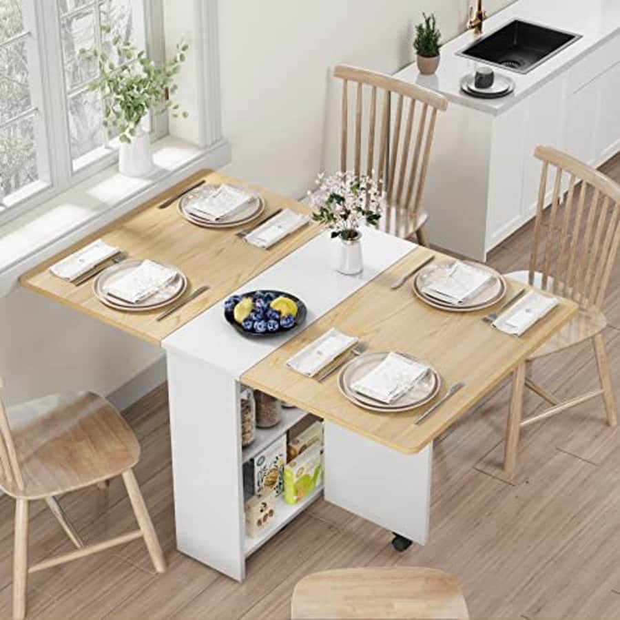 Idealhouse Space Saving Folding Dining Table with 2 Tier Storage-Extendable Drop Leaf Farmhouse Wood Kitchen for $147 Idealhouse Space Saving Folding Dining Table with 2 Tier Storage-Extendable Drop Leaf Farmhouse Wood Kitchen for $147