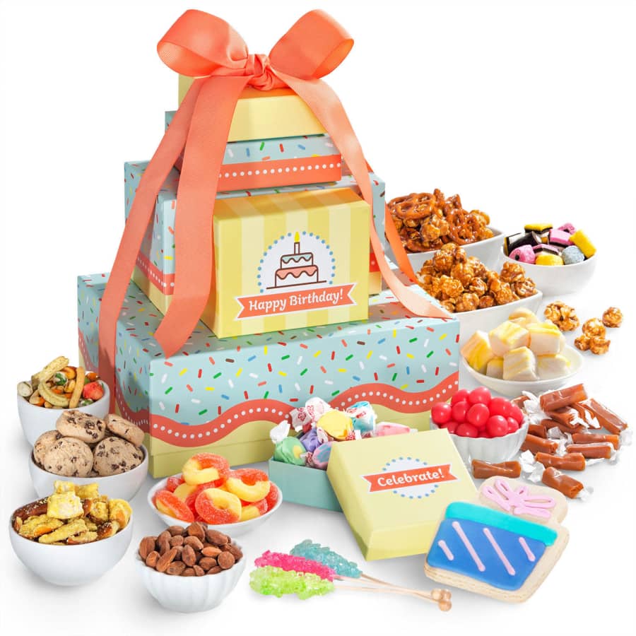 Golden State Fruit Happy Birthday Sweets and Snacks Tower for $45 for members Golden State Fruit Happy Birthday Sweets and Snacks Tower for $45 for members