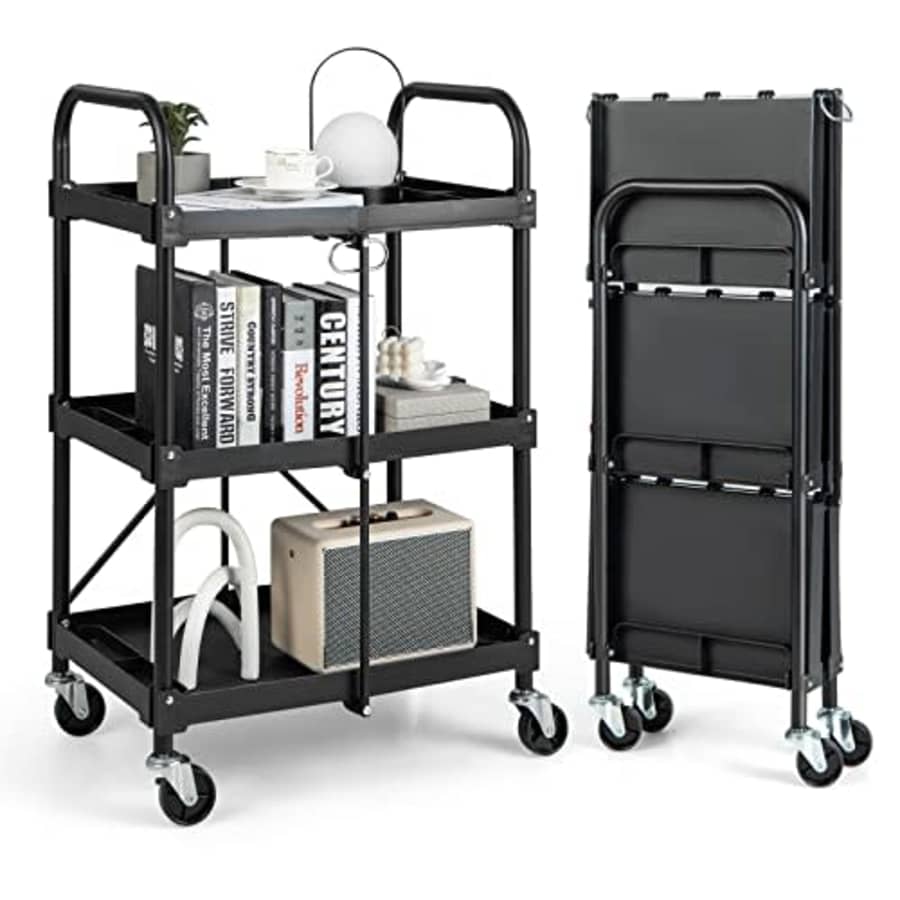 Goplus Folding Utility Cart, 3-Tier Rolling Tool Cart w/Lockable Wheels, 300LBS Capacity, Divided for $89