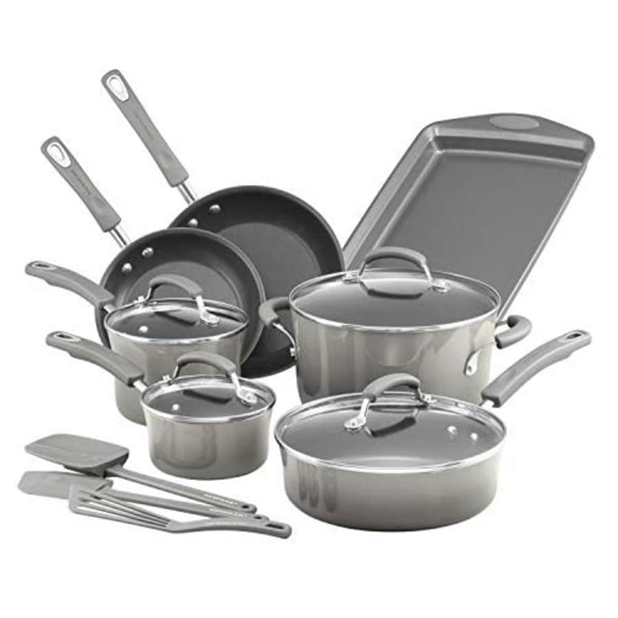 Rachael Ray Brights Nonstick Cookware Pots and Pans Set, 14 Piece, Sea Salt Gray for $128 Rachael Ray Brights Nonstick Cookware Pots and Pans Set, 14 Piece, Sea Salt Gray for $128