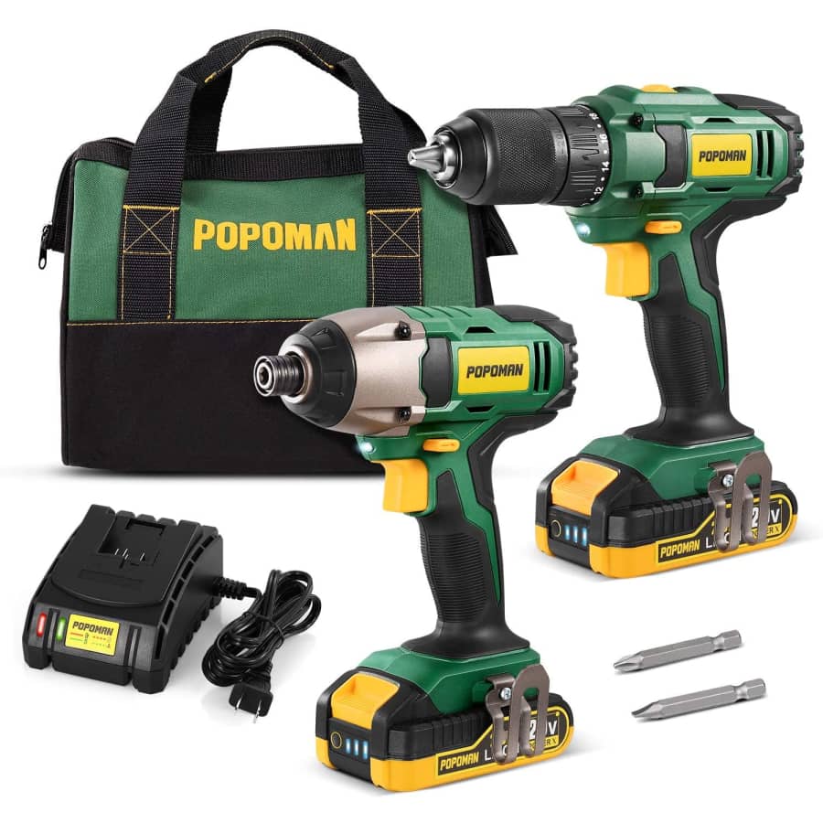 Popoman 20V Cordless Drill and Impact Driver Combo Kit for $70