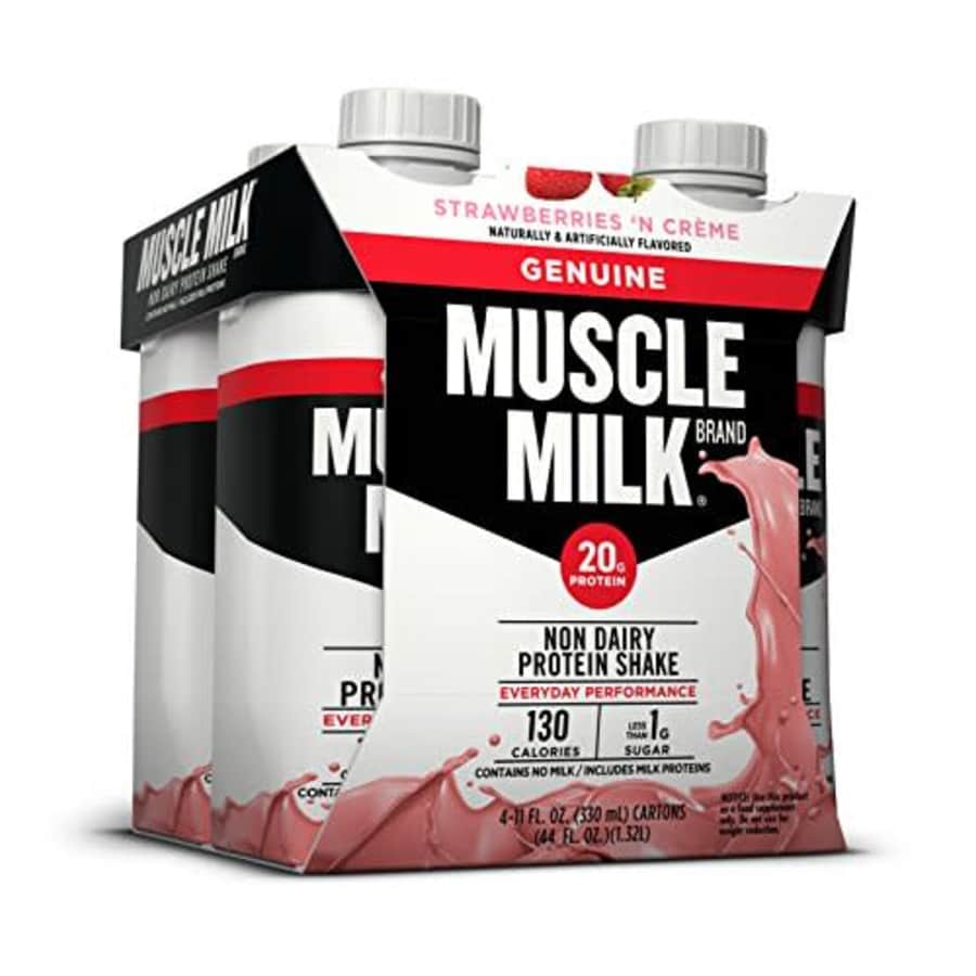 Muscle Milk Genuine Protein Shake, Strawberries 'N Crme, 20g Protein, 11 FL OZ, (Pack of 4) for $8 Muscle Milk Genuine Protein Shake, Strawberries 'N Crme, 20g Protein, 11 FL OZ, (Pack of 4) for $8