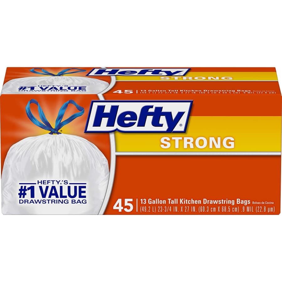 Hefty Strong 13-Gallon Tall Kitchen Trash Bag 45-Pack for $9 Hefty Strong 13-Gallon Tall Kitchen Trash Bag 45-Pack for $9